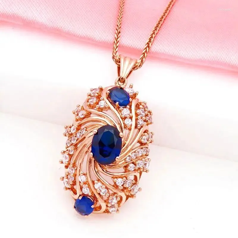 Hängen COURT Style Plated 14k Rose Gold in Luxury Blue Gem Halsband för kvinnor Stereoskopiska hängsmycken