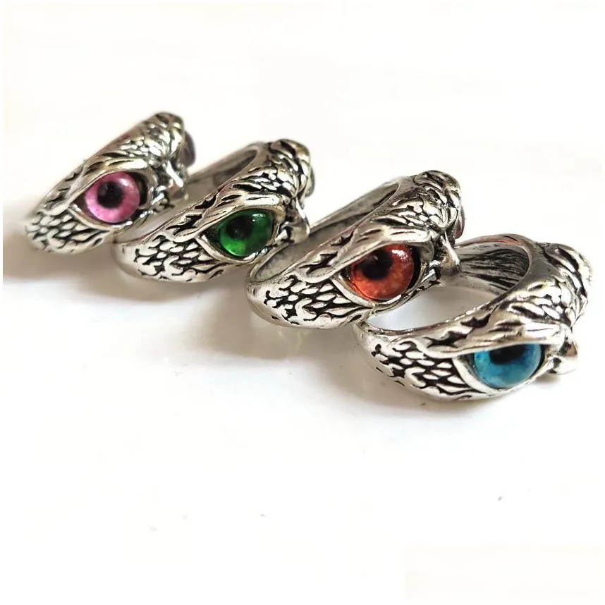 Band Rings 30Pcs/Lot New Retro Cute Men And Women Charm Punk Owl Ring Vintage Mti-Color Eyes Creative Jewelry Party Gift Favo Dhgarden Dh3De