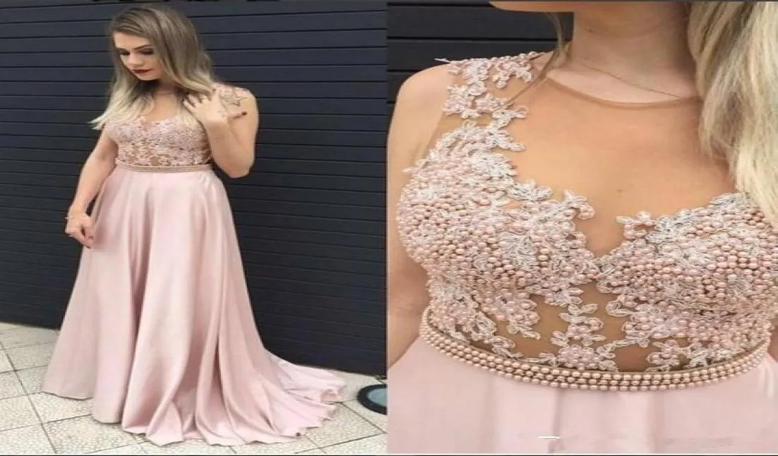 2020 New Graceful Pink Long Evening Dresses Prom Dresses Zipper Back Sheer Neck Beaded Formal Evening Gowns Special Occasion Dress9127649