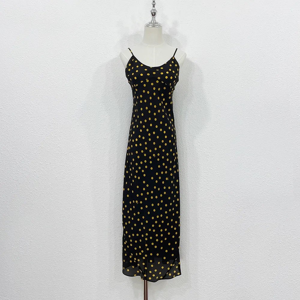 Womens black silk midi dress with yellow polka dot pattern and gathered  waist from Dhgate Basic & Casual Dresses - price 281.66