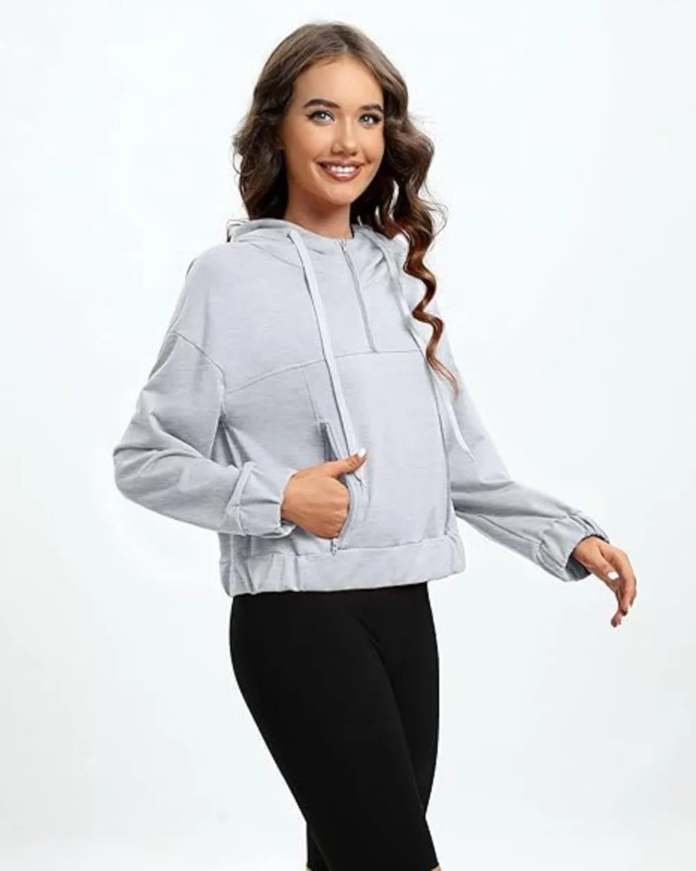 Womens Half Zip Cropped Hoodies Quarter Zip Up Pullover Sweatshirts Casual Fall Clothes Outfits Sweater for Women