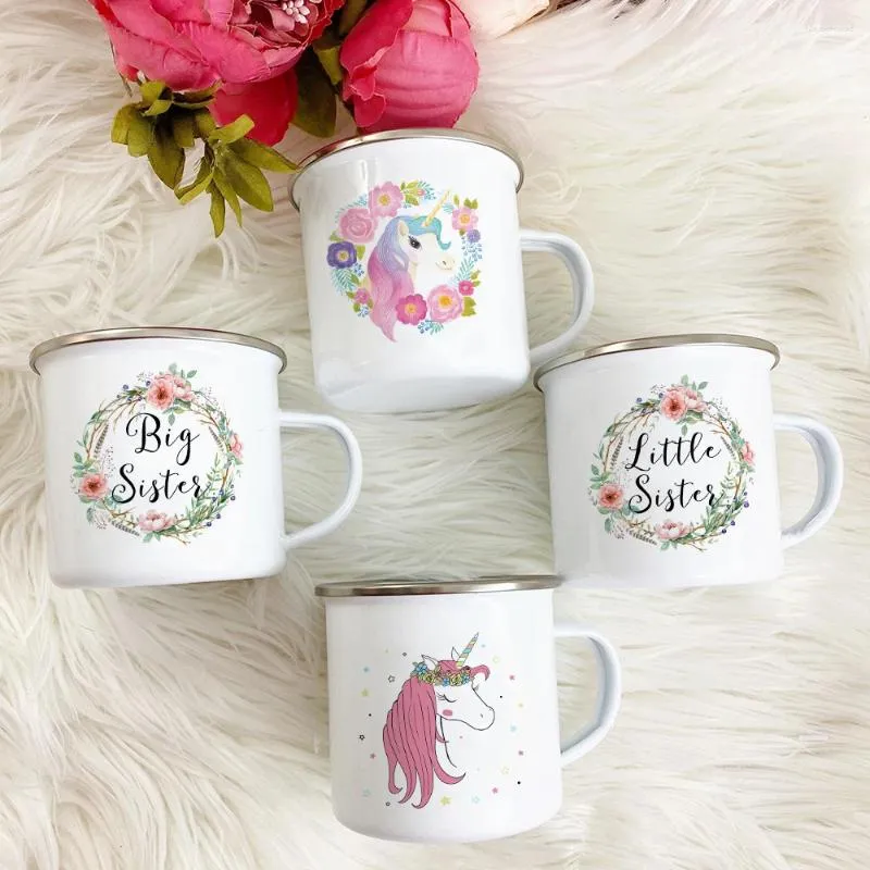 Tasses rose dessin animé imprimé émail café thé grande soeur petite vacances cadeaux avec poignée tasses boissons à la maison cuisine Drinkware