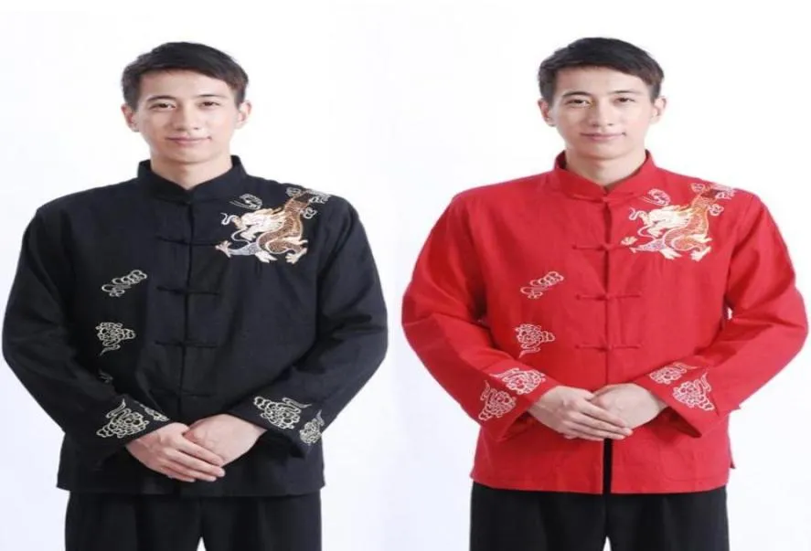 Costume Tang chinois traditionnel haut pour hommes adulte broderie Kungfu manteau printemps automne tenue chemise à manches longues Hanfu homme rouge39365849919750