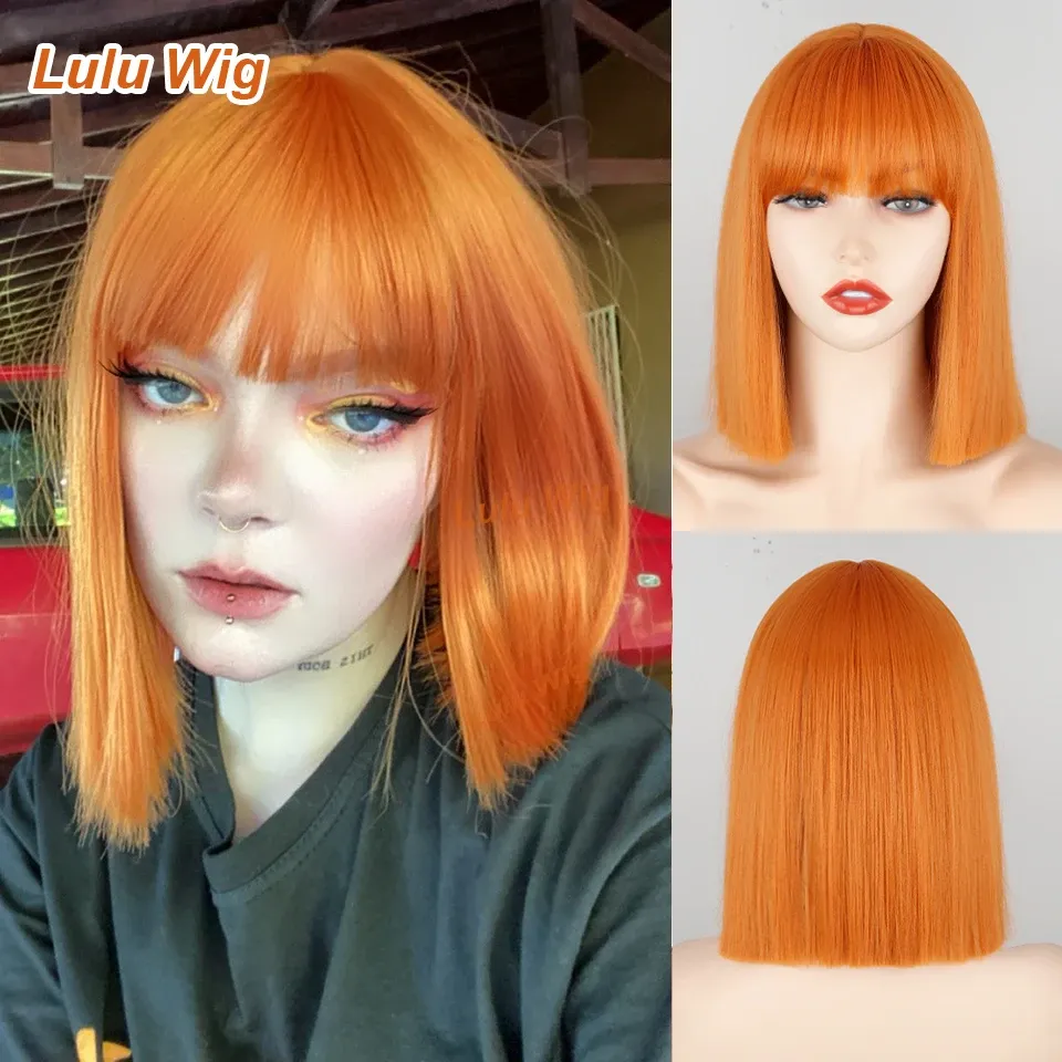 Perücken, synthetische kurze Bob-Perücke mit Pony für Damen, Bob-Perücken, orange, schwarz, rosa, Perücke für Partys und den täglichen Gebrauch, schulterlang