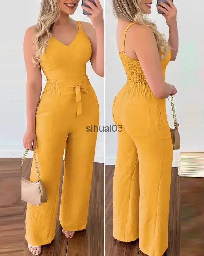 Women's Jumpsuits Rompers 2017 Summer Womens Long jumpsuit Elegant and Sexy V-neck Shirt Kami Top and High Waist Pants Set New Fashion and Casual Integrated StyleL2403