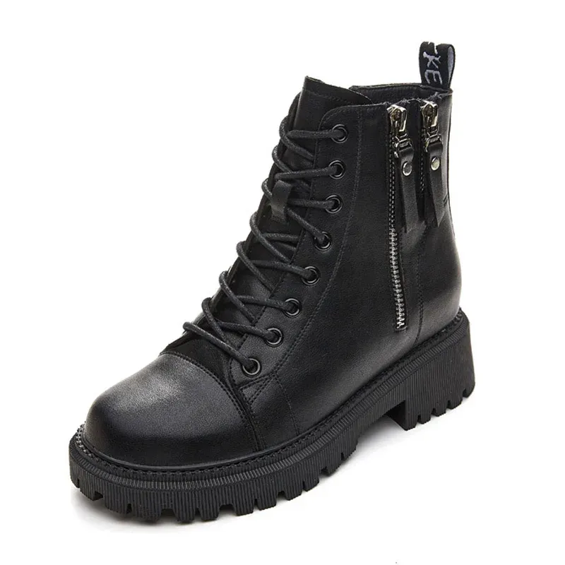 Boots Femmes Gétille en cuir Martin Boots Side Zipper Automne Boots Motorcycle décontracté Mesdames Épaisses Bottèces d'hiver Casual Boes