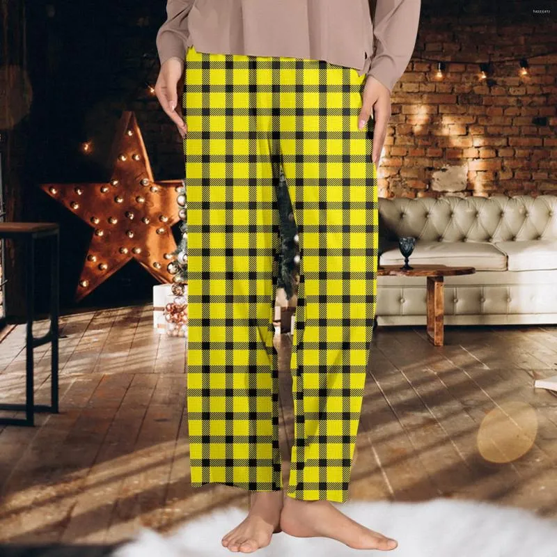 Calças femininas mulheres pijama casual com bolsos feminino clássico xadrez cintura elástica calças laterais casa alta