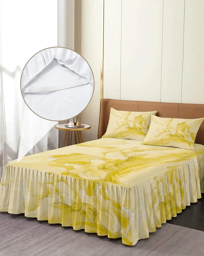 Jupe de lit Texture marbre dégradé jaune, couvre-lit élastique avec taies d'oreiller, housse de matelas, ensemble de literie, drap