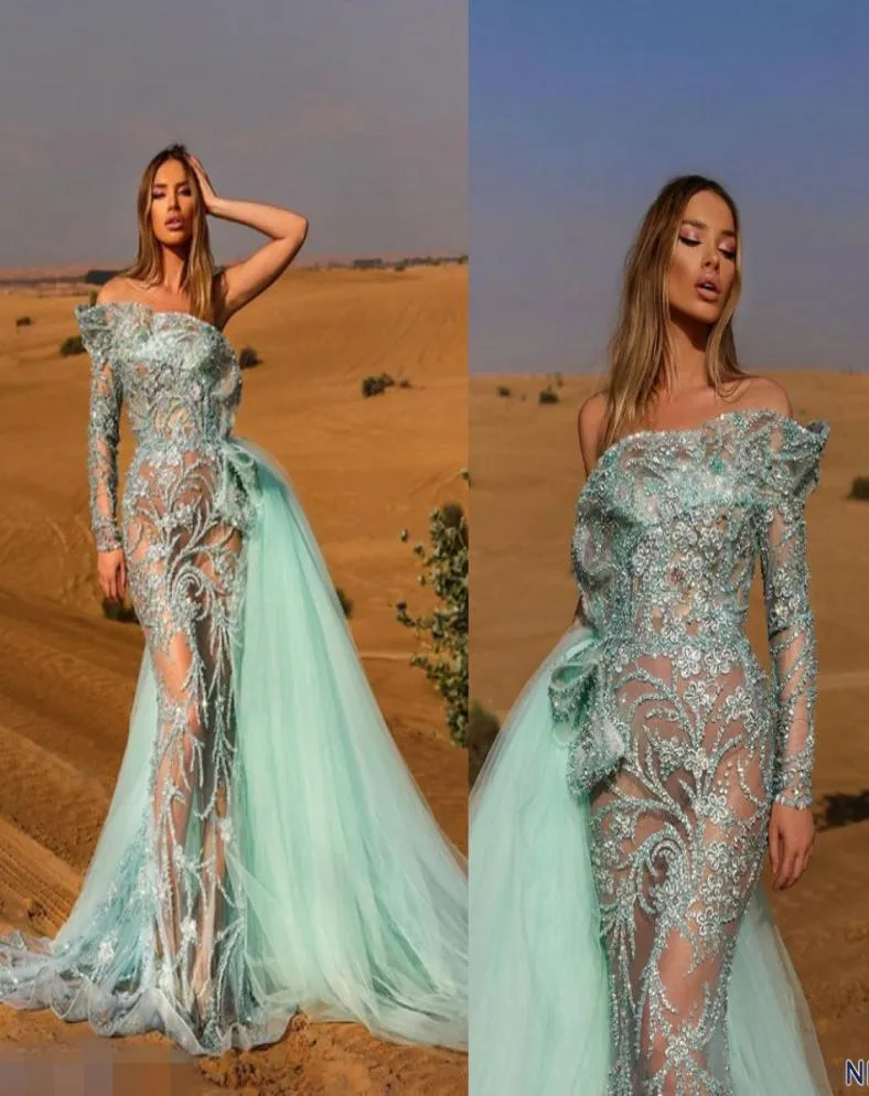 Elegant Evening Dresses OneShoulder Long Sleeves Lace Appliques Prom Gowns 2020 Custom Made Detachable Train Special Occasion Dre7218641