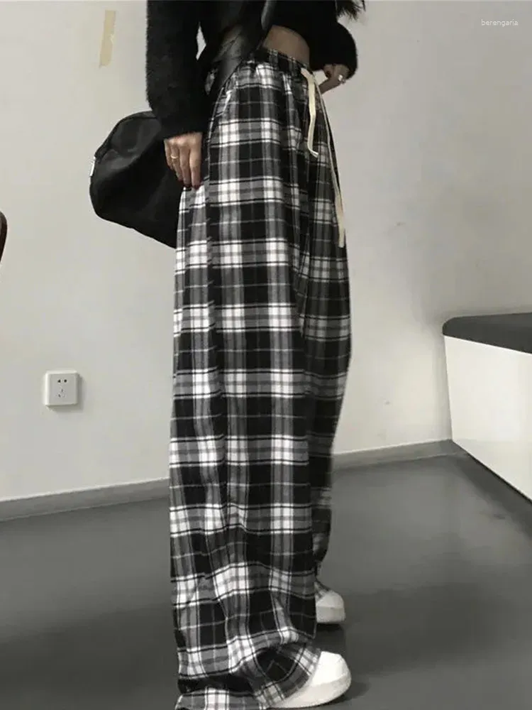 Pantalon femme noir et blanc à carreaux femmes décontracté lâche pantalon large ins rétro adolescent droit hiphop streetwear