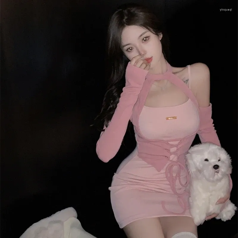 Vestidos casuais mulheres vestido magro versão coreana contraste cores bandagem sexy rosa mini mulher roupas tops 2024