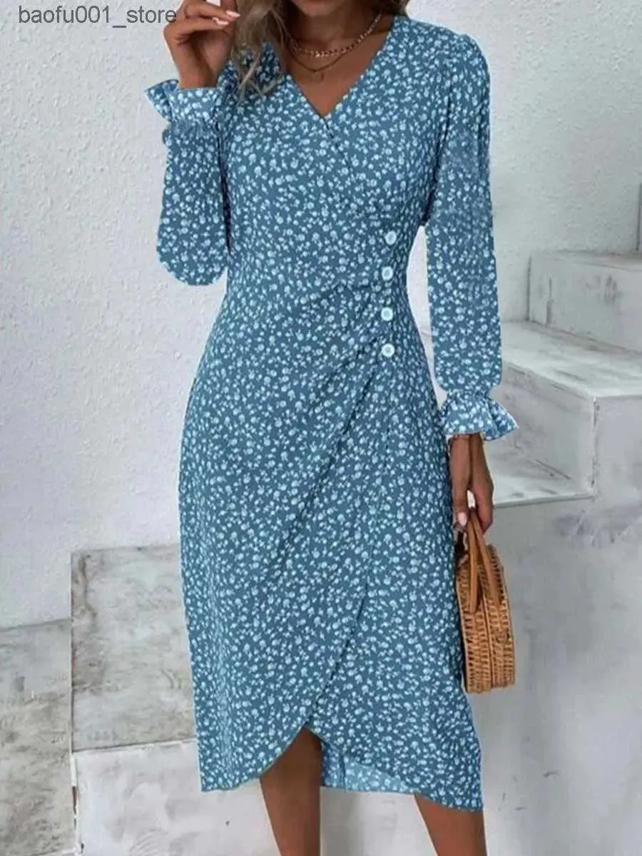 Grundlegende Casual Kleider 2023 Herbst Blume Körper Midi Damen V-ausschnitt Lange ärmeln Geraffte Slim Fit Kleid Frauen Sexy Vestido robe Q240322