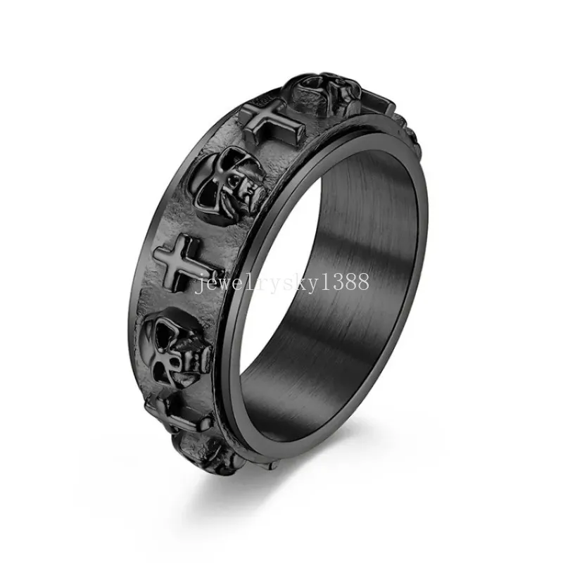 Stainless Steel Decompress Ring Retro 3D Skull Jesus Cross Rotatable Rings Band for Men Goth Jewelry