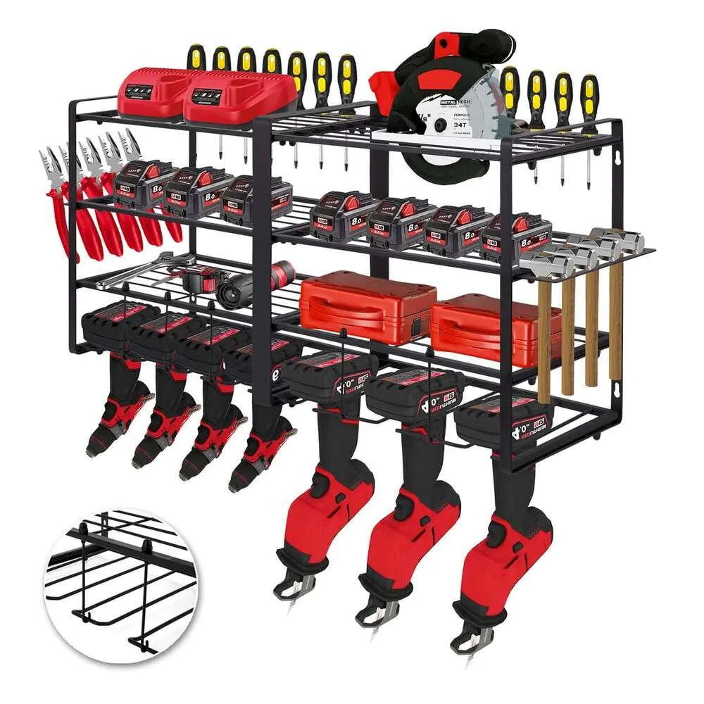 TAKEKIT Support de rangement sans fil à 4 niveaux de grande capacité, support mural pour perceuse avec 7 emplacements, support de rangement robuste pour outils électriques