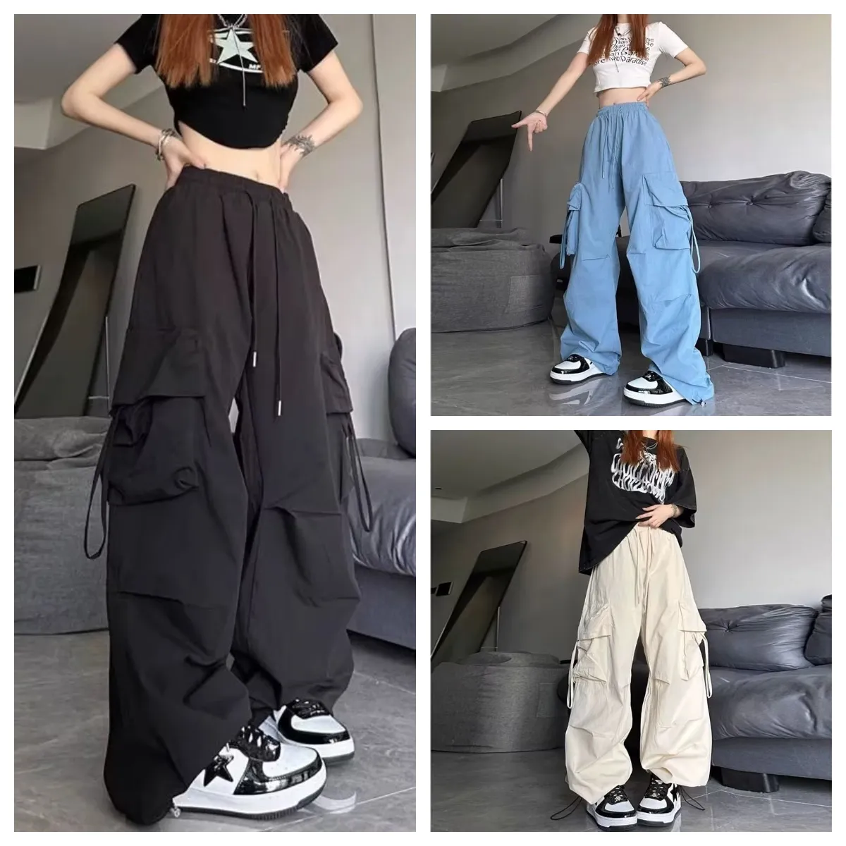 Kvinnors Thin American High Street Loose Wide Leg Casual Cargo Pants Women's Solid Color High Street Mop Pants