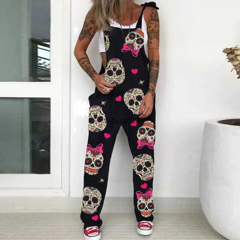 Kvinnor Jumpsuits Rompers European Fashion Gothic Skull Print Jumpsuit Plus Size 5xl Womens Spaghetti Shoulder Strap Byxa Sexig Pocket Design övergripande tät fitti