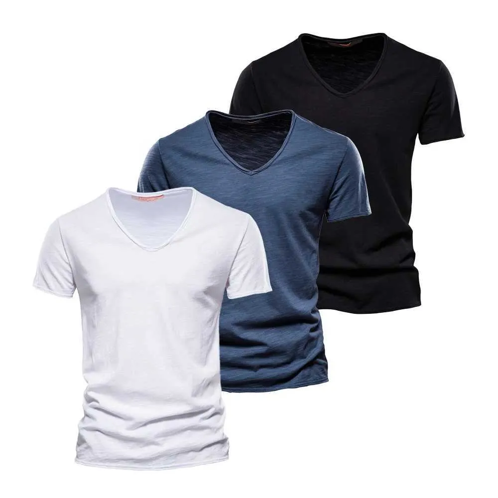 Herren-T-Shirts AIOPESON 3-teiliges Set aus 100 % reiner Baumwolle, Herren-T-Shirts, modisches Design, V-Ausschnitt, lässige Passform, Basic, reine Baumwolle, Herren-Sommer-T-Shirt J240322