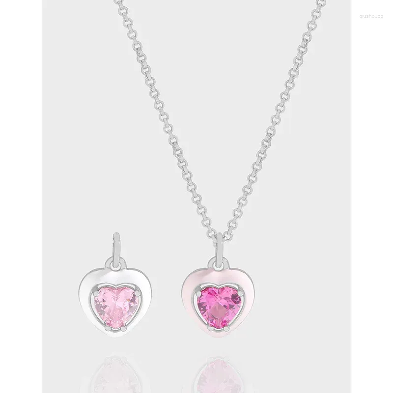 Cadenas de lujo S925 Sterling Silver Love Heart Zirconia Collar Esmaltado Pink Zircon Colgantes en forma de corazón para joyería de mujer