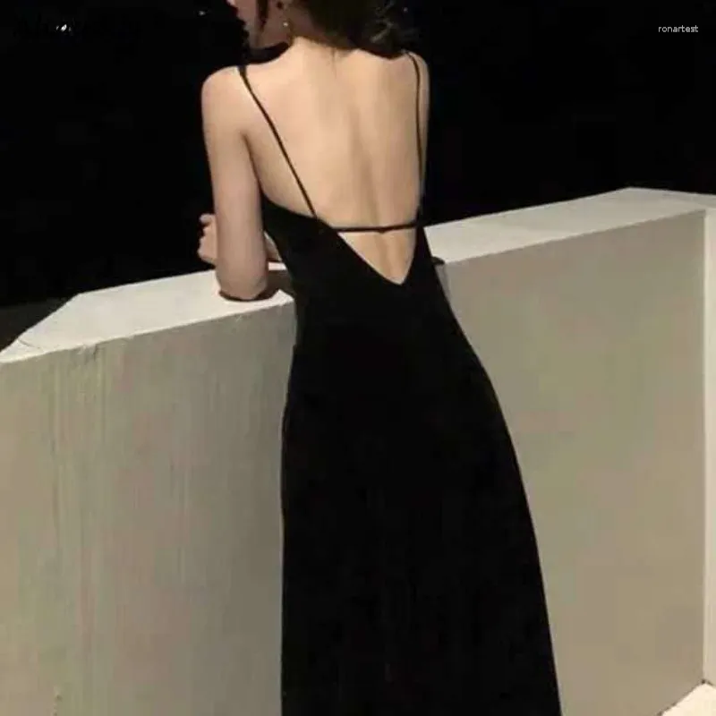 Casual Dresses Spaghetti Strap For Women Solid Simple Backless Sexy Ladies Holiday Clothing Summer Beach Style Chic Thin Soft Black