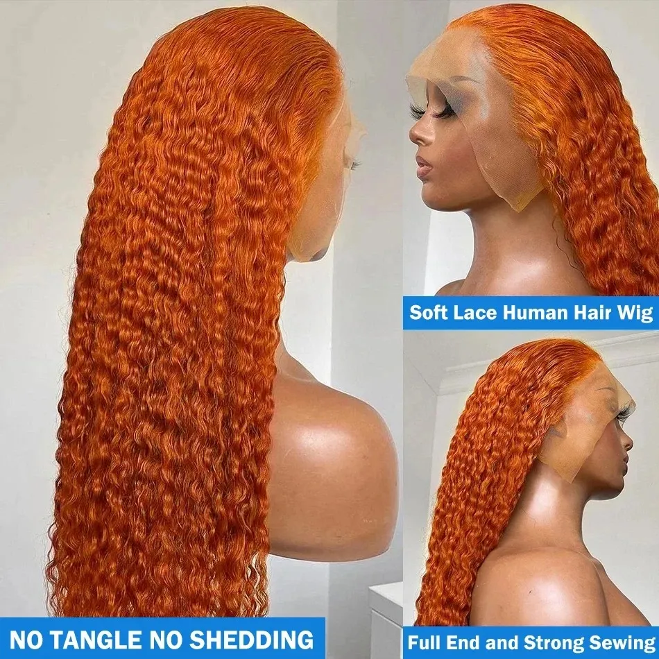 250% 30 36 Inch Curly Ginger Orange 13x6 HD Lace Front Human Hair Wigs Deep Wave 13x4 Lace Frontal Wig Brazilian for Women