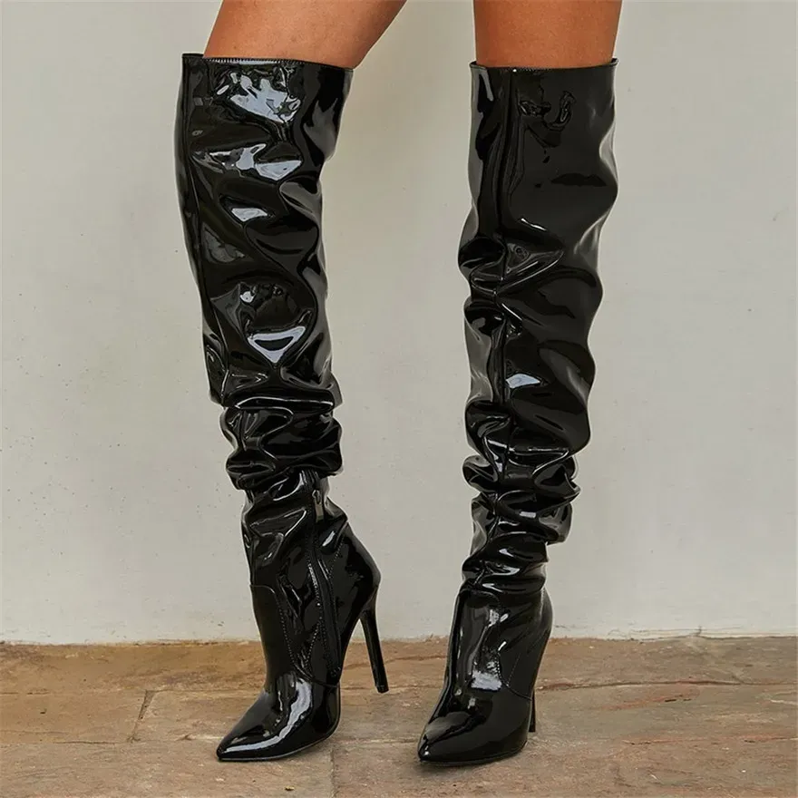 Boots Femmes Patent Leather Elastic Over the Knee Boots Nouvelles femmes pointes pointes High Boots Sexy Slim Black High Heels Party Chaussures 3542