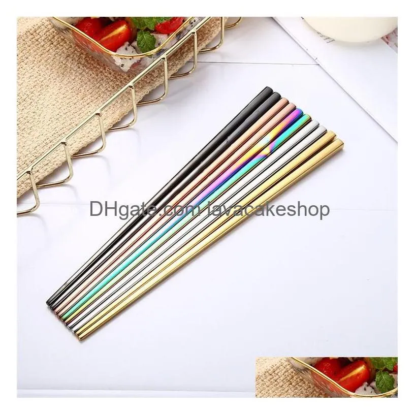 Chopsticks 304 Stainless Steel 23Cm Fl Square Hollow 21Cm Titanium Plated Black Gold Color Chopstickszc1011 Drop Delivery Home Garden Dhjcn