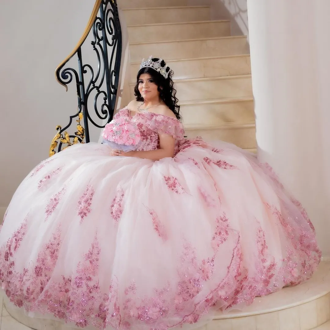 Rosa quinceanera klänning bollklänningar paljetter applikationer födelsedagsfest klänning söta 16 klänningar vestidos de 15 quinceanera