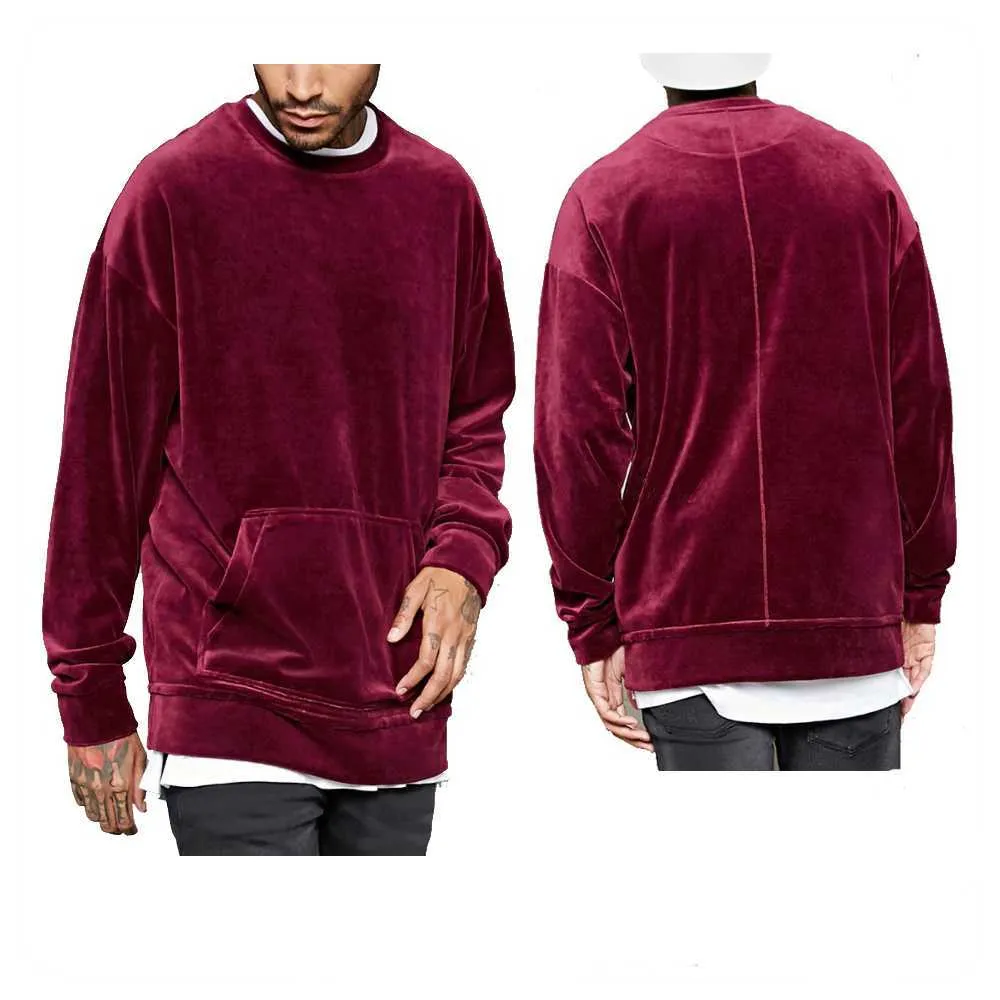 Kortlig stil Drop Shoulder Crew Neck Mens Velor Hoodie med Front Kangaroo Pocket Velvet Sweatshirt