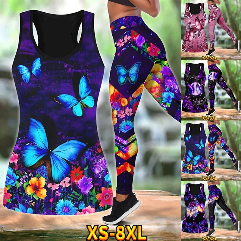 Roupas 2023 Primavera Cintura Alta Mulheres Activewear Set Yoga Suit Yoga Set 3D Imprimir 2 Peça Leggings Tank Top Yoga Respirável Fitness Gym