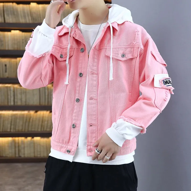 Men Autumn Hooded Men Jean Jackets Pink Cotton Holes Denim Coats Streetwear Clothing Outwear 240309