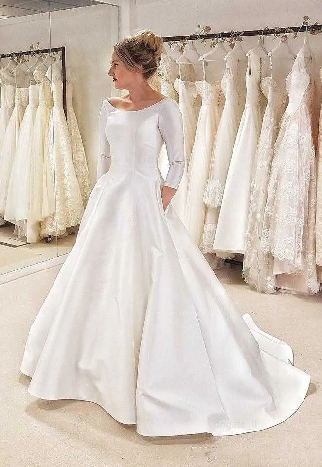 New A-line Simple Satin Modest Wedding Dresses 2020 With 3/4 Sleeves Country Western Women Elegant Vintage Modest Bridal Gowns With Pockets CG001