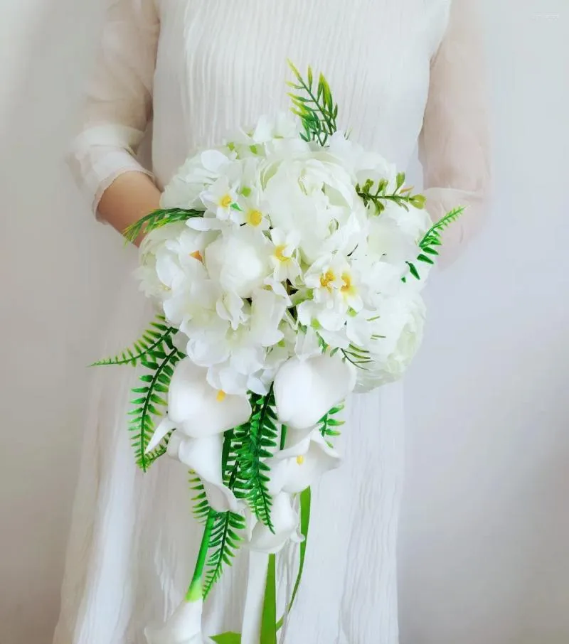 Hochzeitsblumen 2024 Wasserfallstrauß für die Braut Ramo De Boda Novia Calla-Lilien mit weißen Poney Complementos