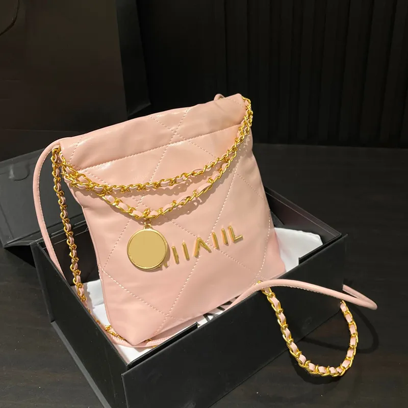 23Ss Womens Oil Wax Leather Diamond Lattice 22 Mini Shopping Bags Round Leather Srtrap Gold Metal Hardware Matelasse Chain Crossbody Shoulder Handbags 18x20cm