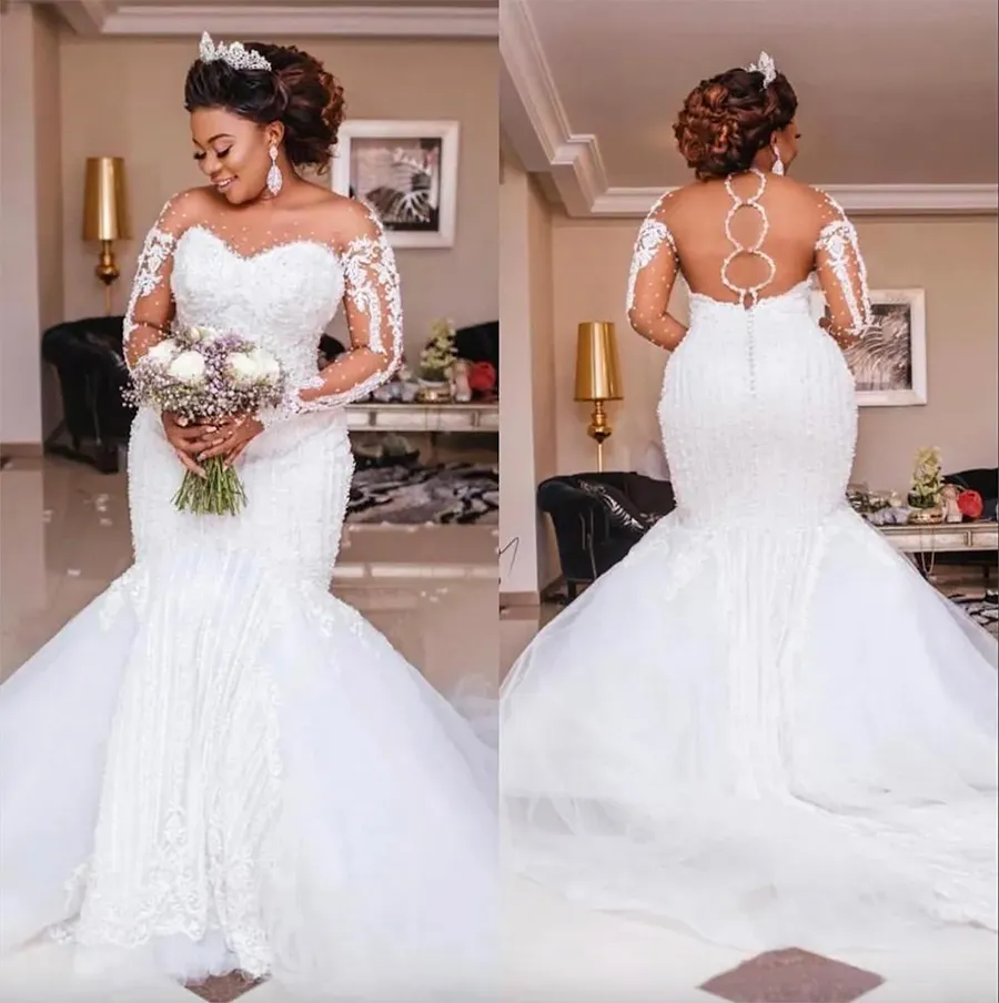 Luxury Beading Mermaid Wedding Dresses Long Sleeve Appliques Pearls African Wedding Bridal Gowns Plus Size Bridal Vestido de noiva Dress