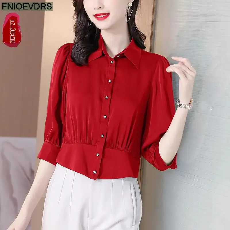 S-3XL Kurze Crop Tops Blusen Mode Frauen Arbeit Büro Dame Solide Rot Schwarz Grün Rüschen Bauch Schößchen Top Basic Shirts 240318