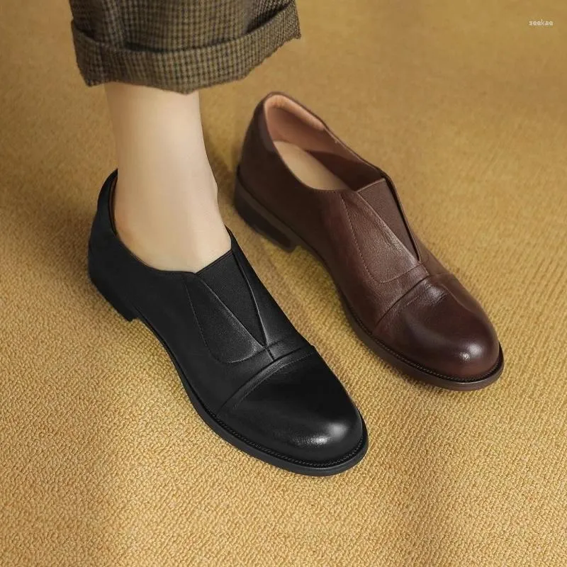 Casual Shoes Cowhide Real Leather Woman Spring Loafers Round Toe Women Plat Slip-On Vintage Lady Basic Dress