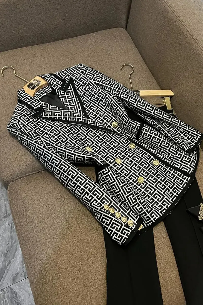 Elegante estilo ocidental fita borda clássico preto branco padrão geométrico jacquard doublebreasted blazer feminino 240318