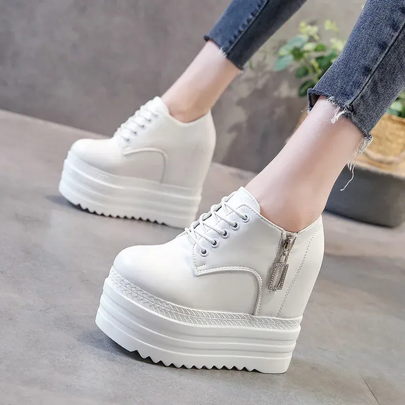 Shoes Women's Ankle Boots 2021 Autumn PU Leather Shoes Woman Platform Height Increased Sneakers 10CM Thick Sole Wedges White Boots