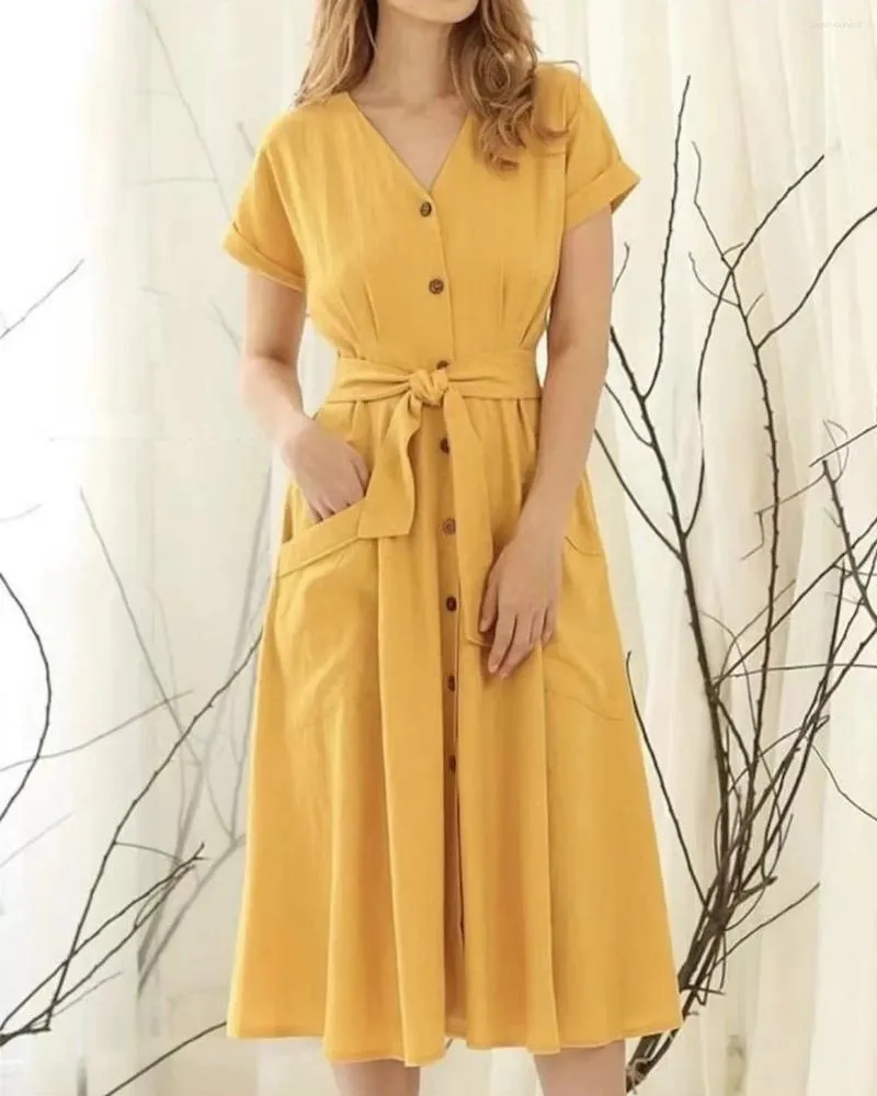 Partykleider Damen Lässiges Midi-Kleid mit hoher Taille, einfarbig, V-Ausschnitt, kurze Ärmel, Knopfgürtel, Kleid mit Taschen für den Sommer und Herbst