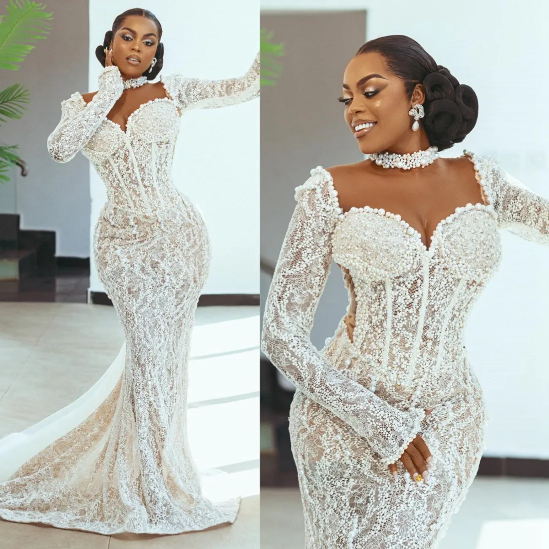 2024 Africain Sirène Dress Bride Illusion Bridal Neck Manches longues Perles de dentelle perle Robes de mariée pour le Nigéria Black Femmes Girls D184 407