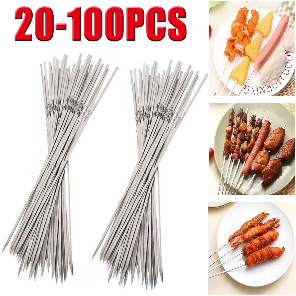 Skewers 20100Pcs Stainless Steel Barbecue Skewer Portable Reusable Grill BBQ Skewers Kebab Iron Stick For Outdoor Camping Picnic Tools