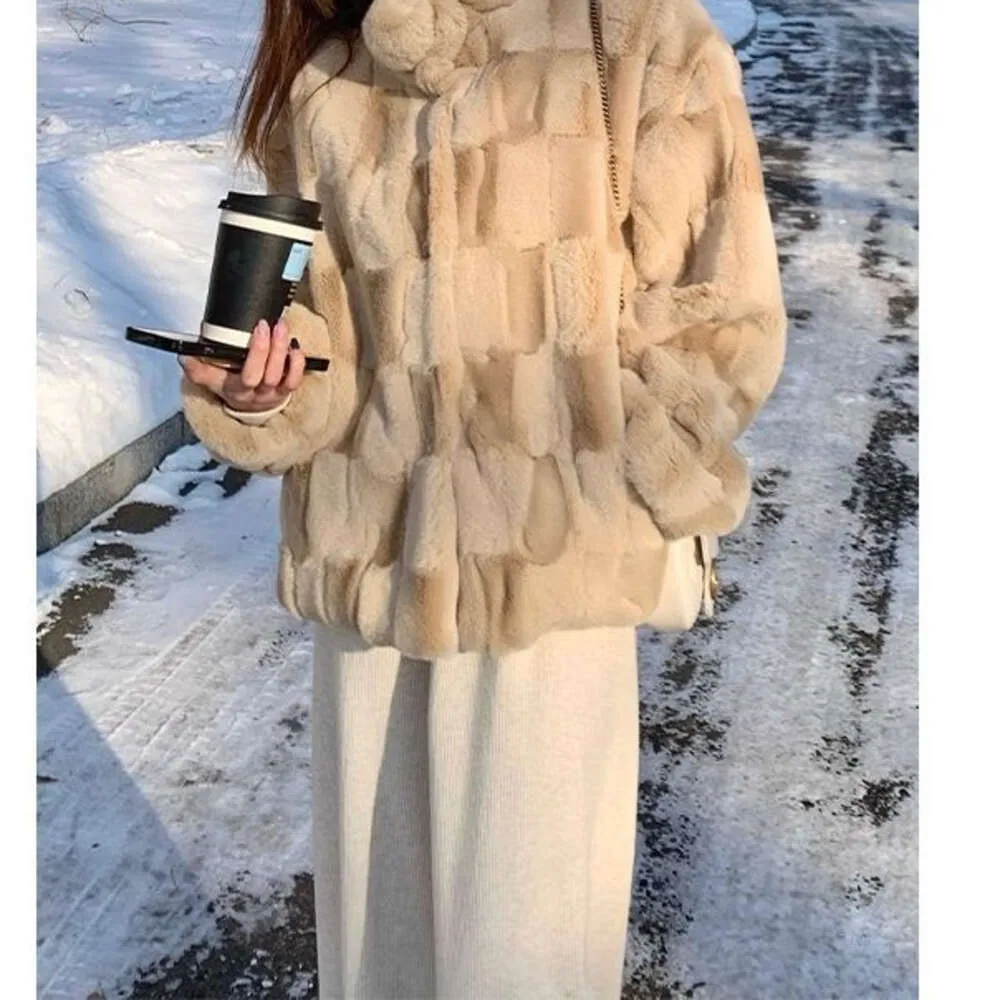 Young and New Korean Edition Mock Rabbit Hair Standing Neck Short Leather Coat Thickened Elegant Beauty Fur for Women