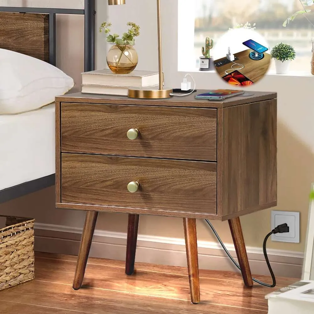 Bedside Socket -20 14 24 Inches High (approximately 50.8 35.6 Deep X 60.9 Centimeters High) Wooden Charging Station, Wide Edge Lighting and Wireless Charger,