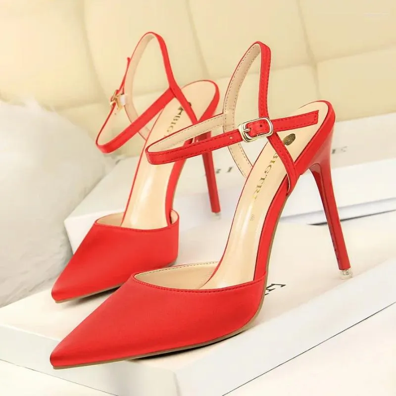 Dress Shoes Women 10.5cm High Heels Satin Sandals Lady Green Burgundy Ankle Strap Sandles Wedding Nightclub Quality