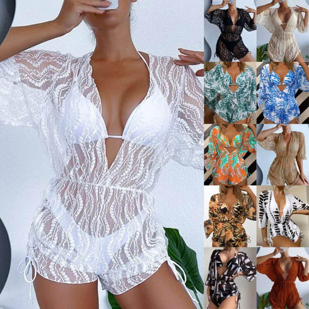 2024 Långärmad mesh midjebandet jumpsuit hög midja tryckt utdraget tre stycken bikini set