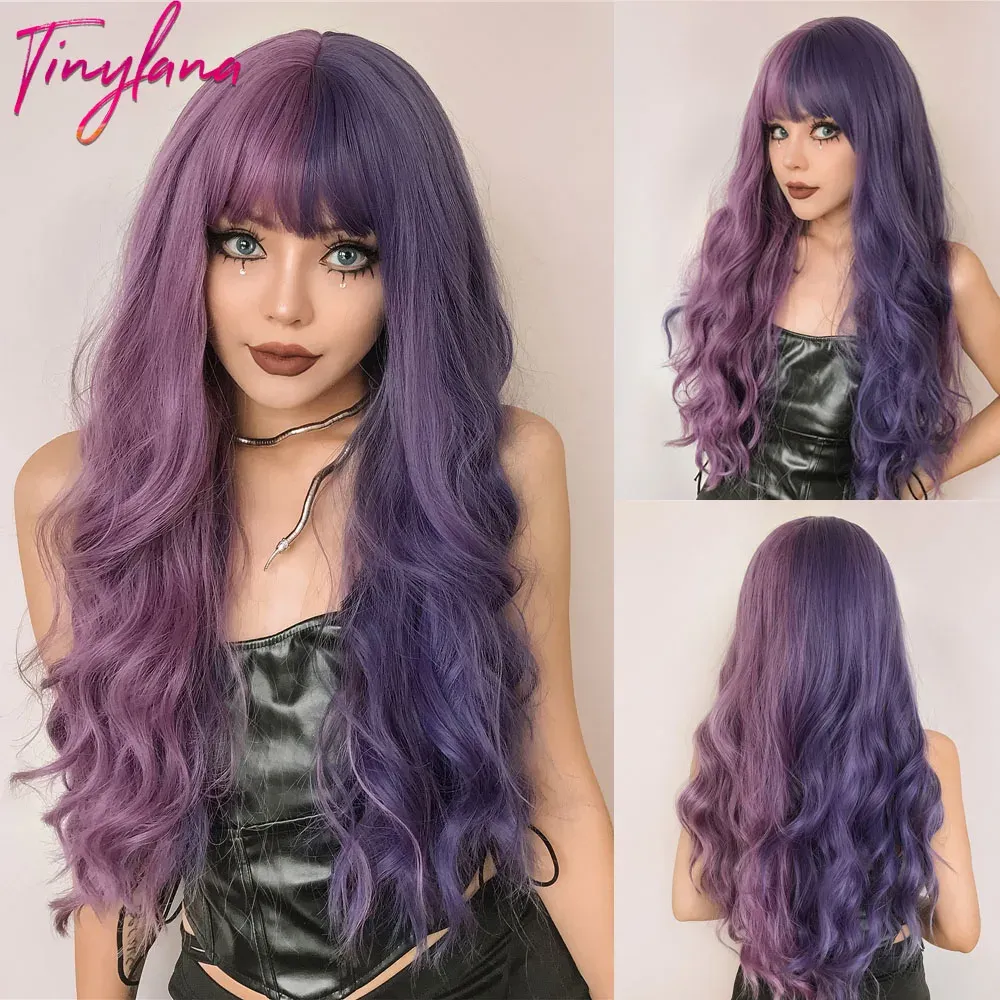 Parrucche parrucca sintetica ondulata viola long wavy con scoppi cosplay natalizi halloween capelli a due toni parrucca ombre per donne resistenti al calore delle onde profonde