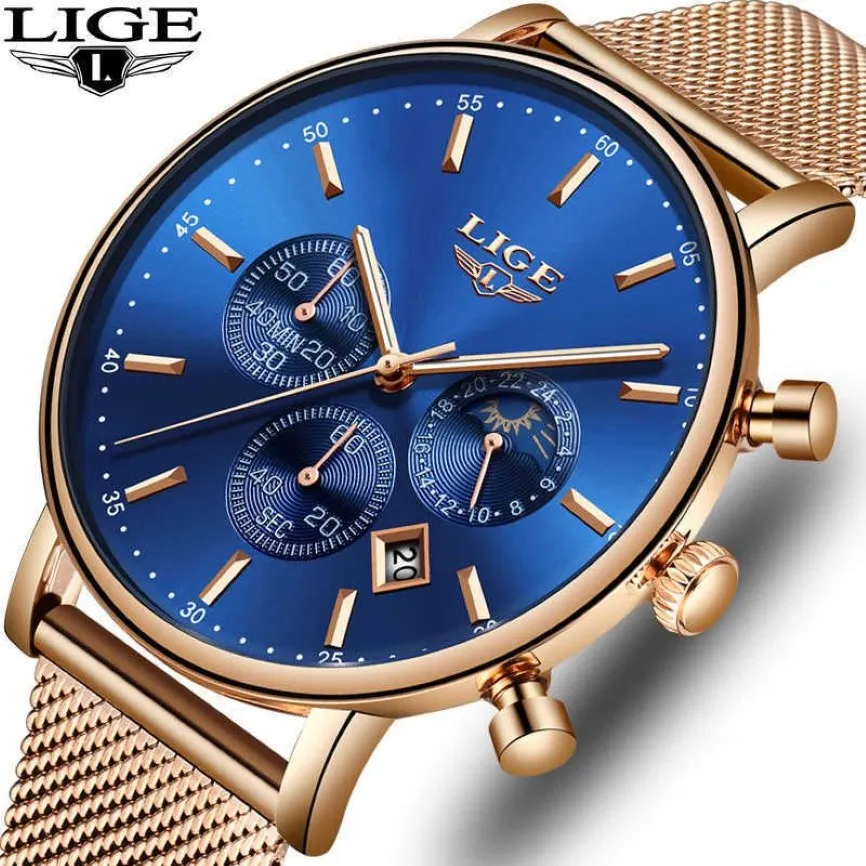 Lige Mens Watches Top Brand Luxury Quartz Wristwatch Mem Grid Strap All Steel Waterproof Sport Chronograph Box Relogio Masculino 2241s