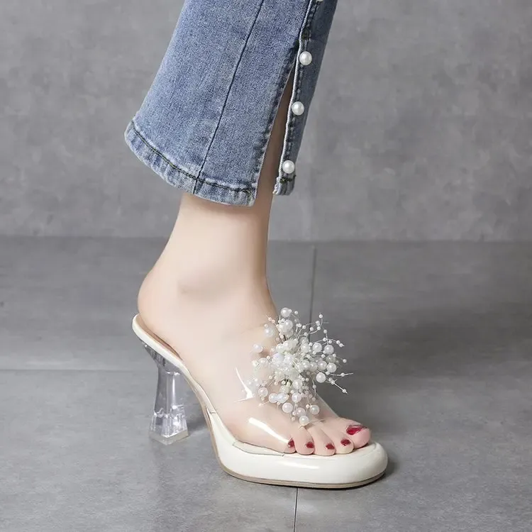 Sandalen Nieuwe transparante string Bead Shoes Platform schoenen Woman Fashion Open Toe Slippers Perspex Heels Slides Beach Sandale Femme