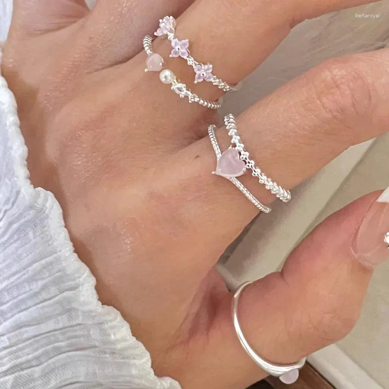 Cluster Rings Fashion 925 Silver Open Finger Ring Pink Flower Heart Pearl Clover Stackbar för kvinnor Girl Jewely Gift Dropship grossist