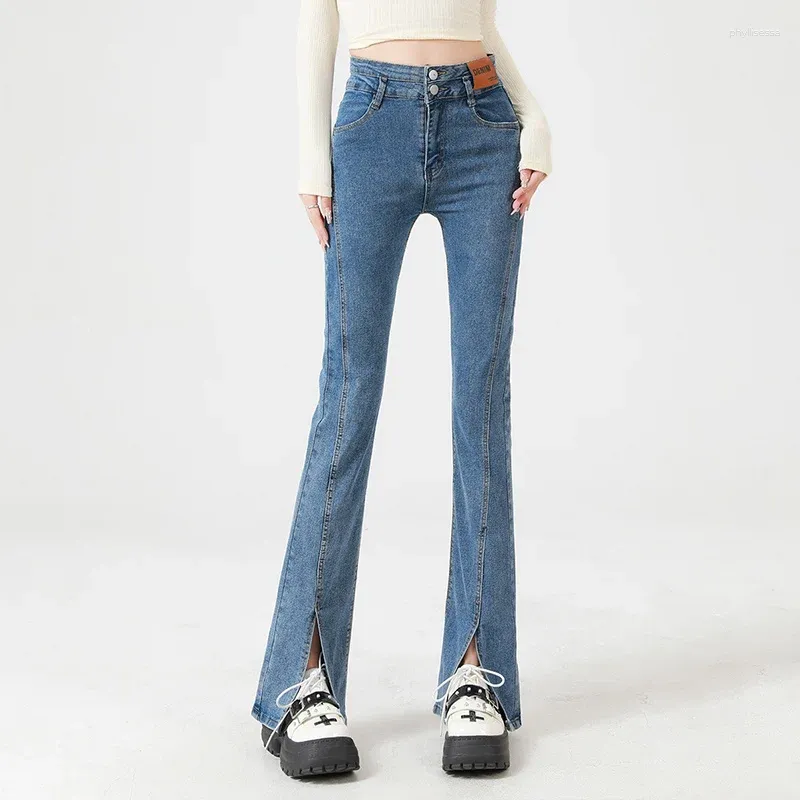 Jeans da donna Moda donna Flare Blu Doppio bottone Vita alta Mid-Stretch Split Bell Bottom Denim